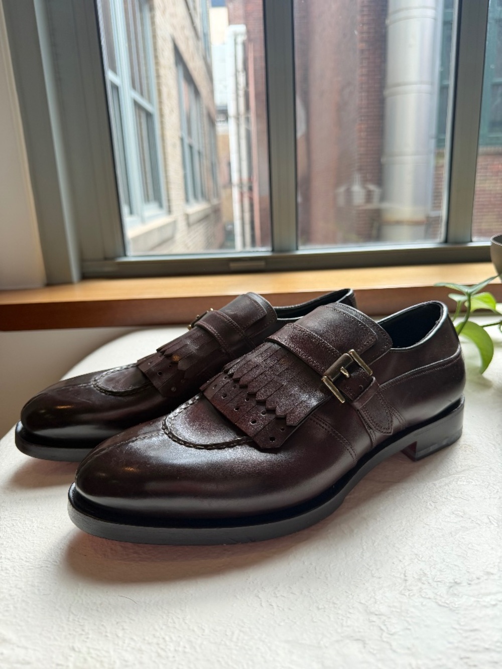 Mens Santoni Dark Brown Leather Monk Strap Dress Shoes